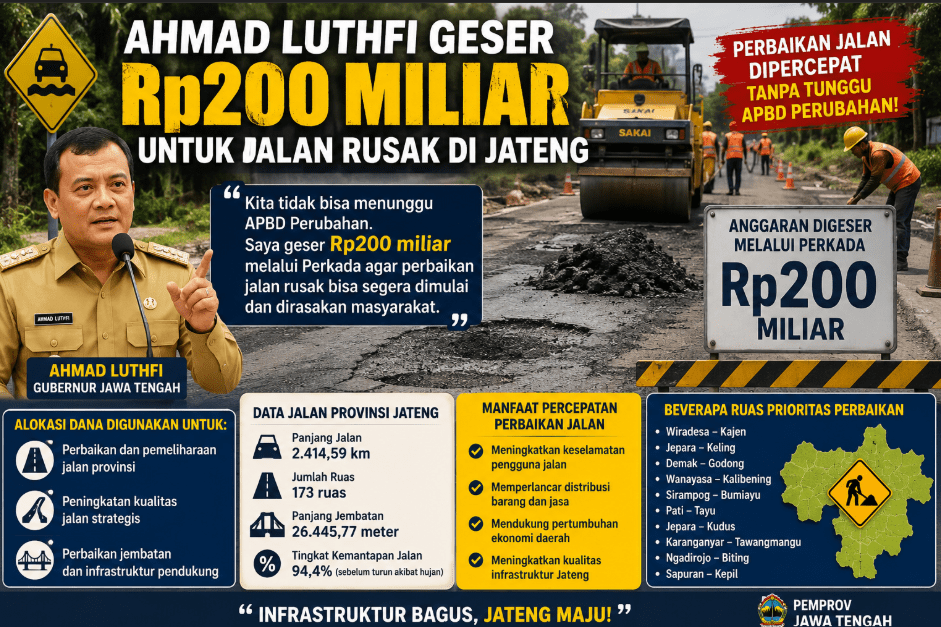 Ahmad Luthfi Geser Rp200 Miliar untuk Jalan Rusak di Jateng, Perbaikan Dipercepat Tanpa Tunggu APBD Perubahan 1 Jalan Rusak