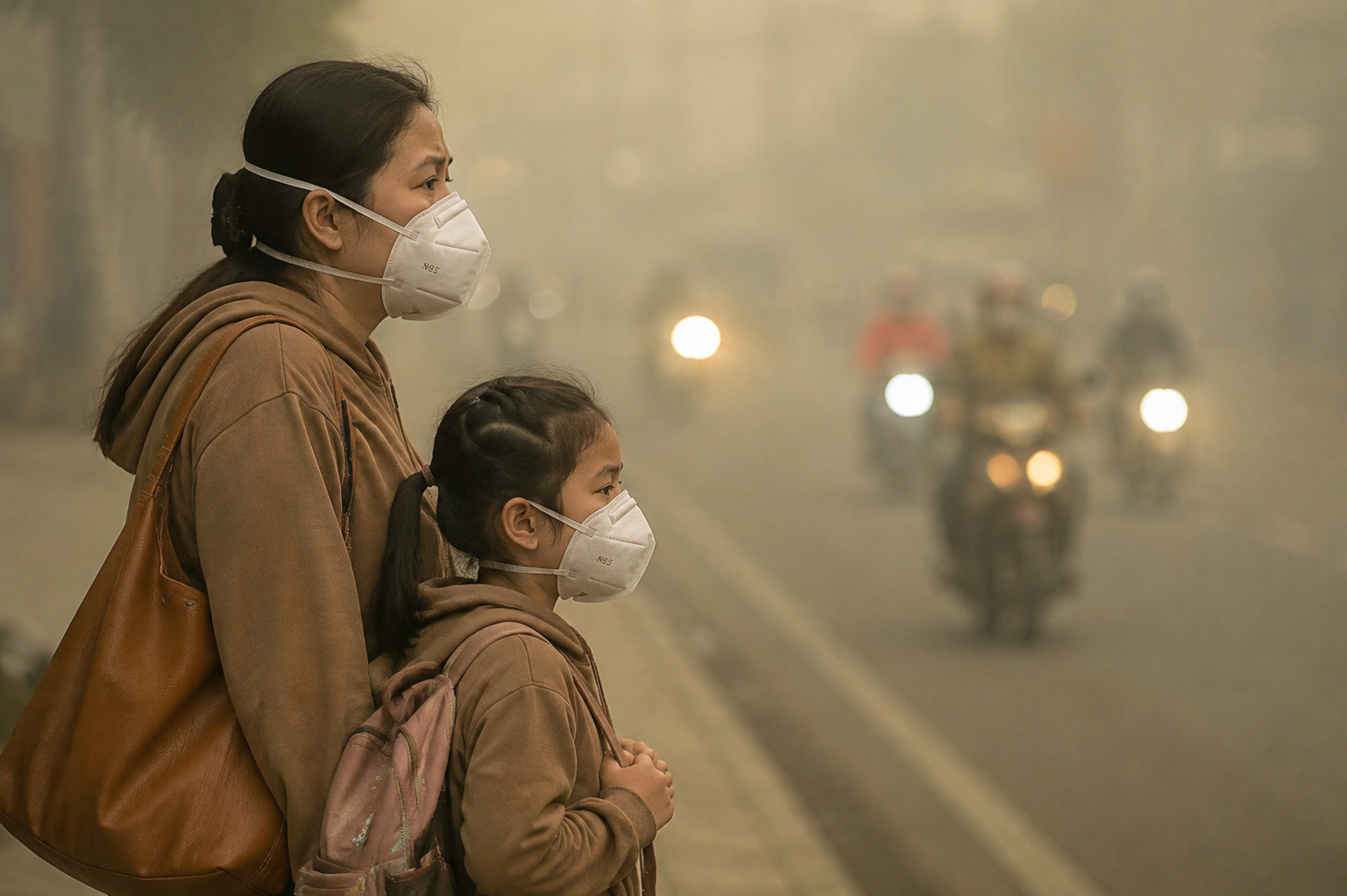 Waspada, Kualitas Udara di Kalimantan Barat Capai Level Berbahaya 5 Warga mengenakan masker respirator N95 berstandar filtrasi saat beraktivitas di tengah kabut asap pekat di Kubu Raya.