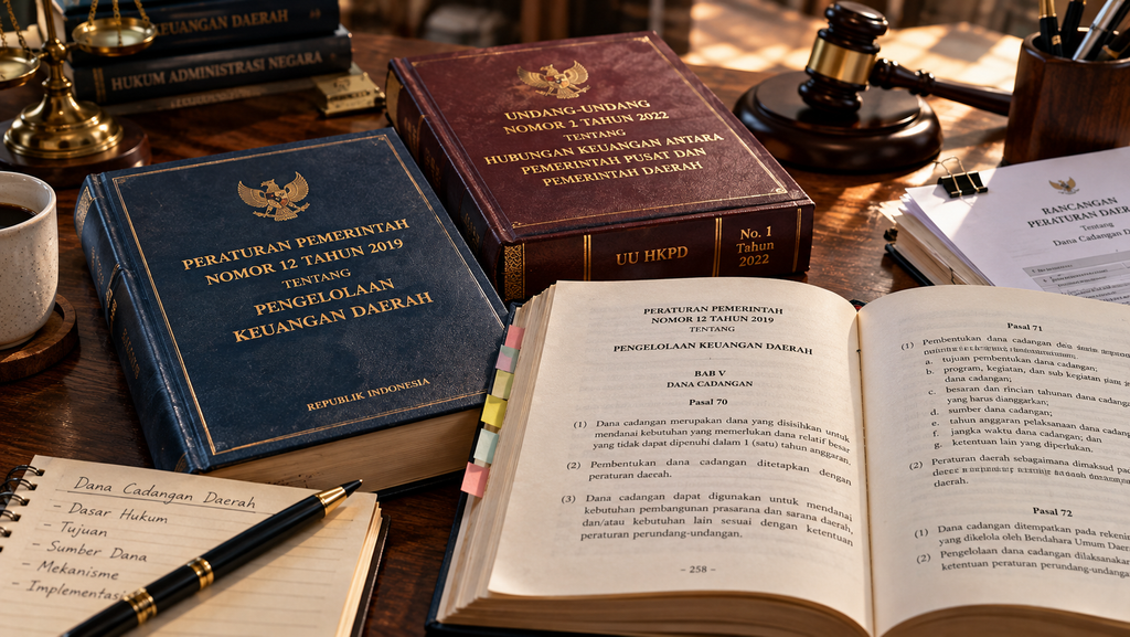 Rencana Besar Pemprov Jakarta di Balik Dana Cadangan 2026 11 Buku regulasi resmi PP Nomor 12 Tahun 2019 tentang Pengelolaan Keuangan Daerah dan UU HKPD di meja perpustakaan hukum.