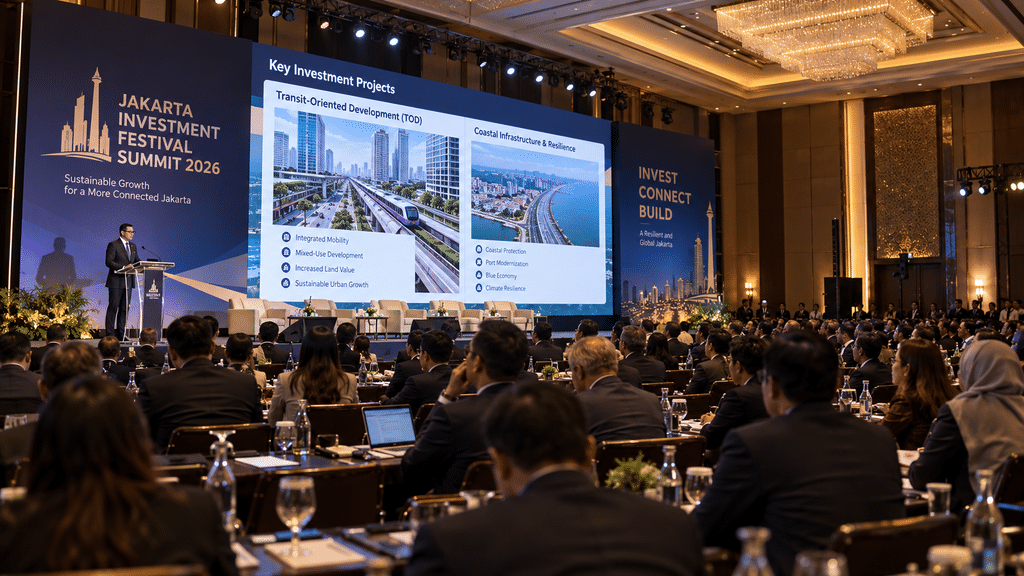 Rencana Besar Pemprov Jakarta di Balik Dana Cadangan 2026 14 Suasana forum Jakarta Investment Festival Summit memperlihatkan presentasi proyek strategis TOD kepada calon investor.