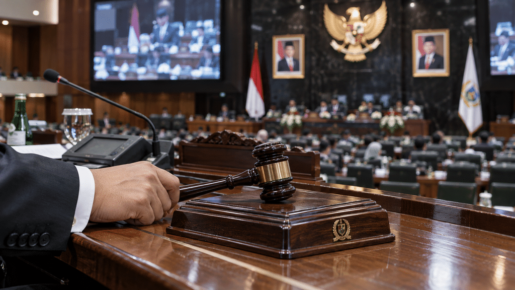 Rencana Besar Pemprov Jakarta di Balik Dana Cadangan 2026 15 Pimpinan sidang DPRD DKI Jakarta memegang palu sidang di meja pimpinan dalam proses tahapan penetapan Perda.