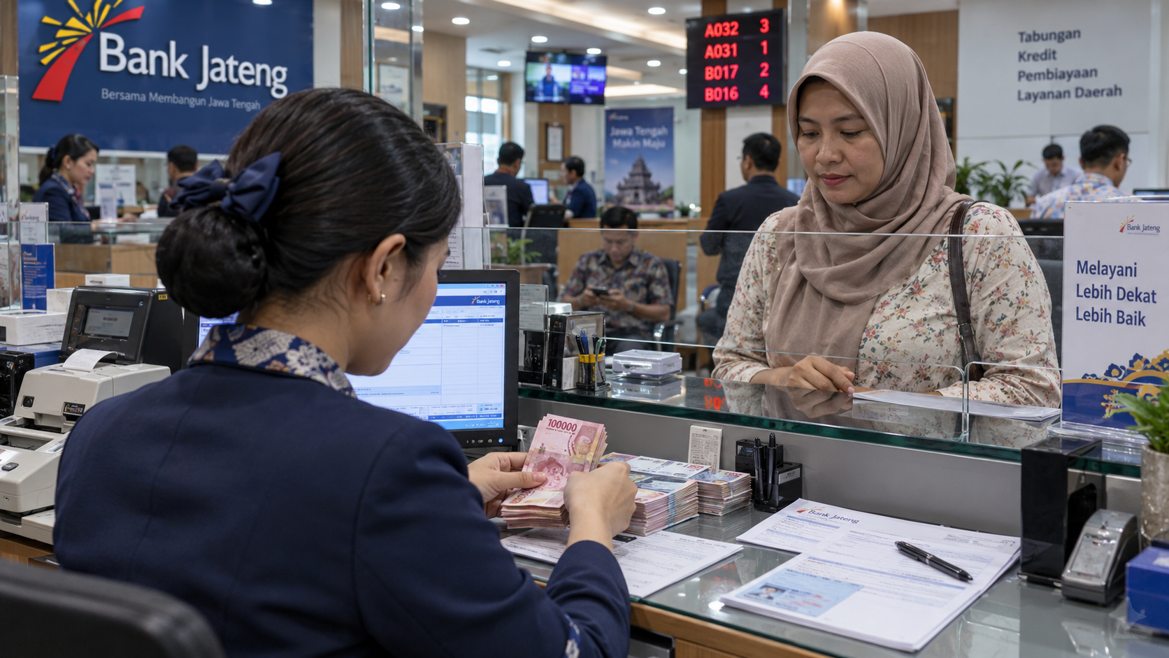 Teller Bank Pembangunan Daerah (BPD) melayani nasabah, merepresentasikan sirkulasi likuiditas kas daerah yang bergantung pada gaji ASN.