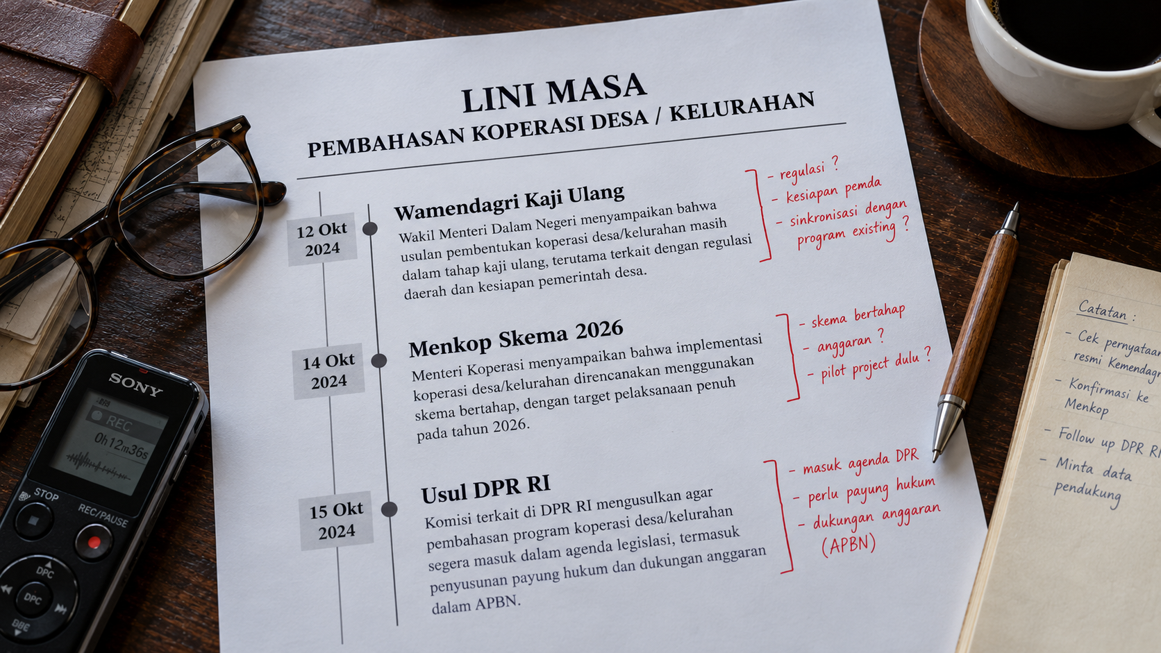 Lembar catatan jurnalis yang memetakan kronologi wacana penyaluran gaji ASN dari pernyataan Kemenkop hingga usulan DPR.