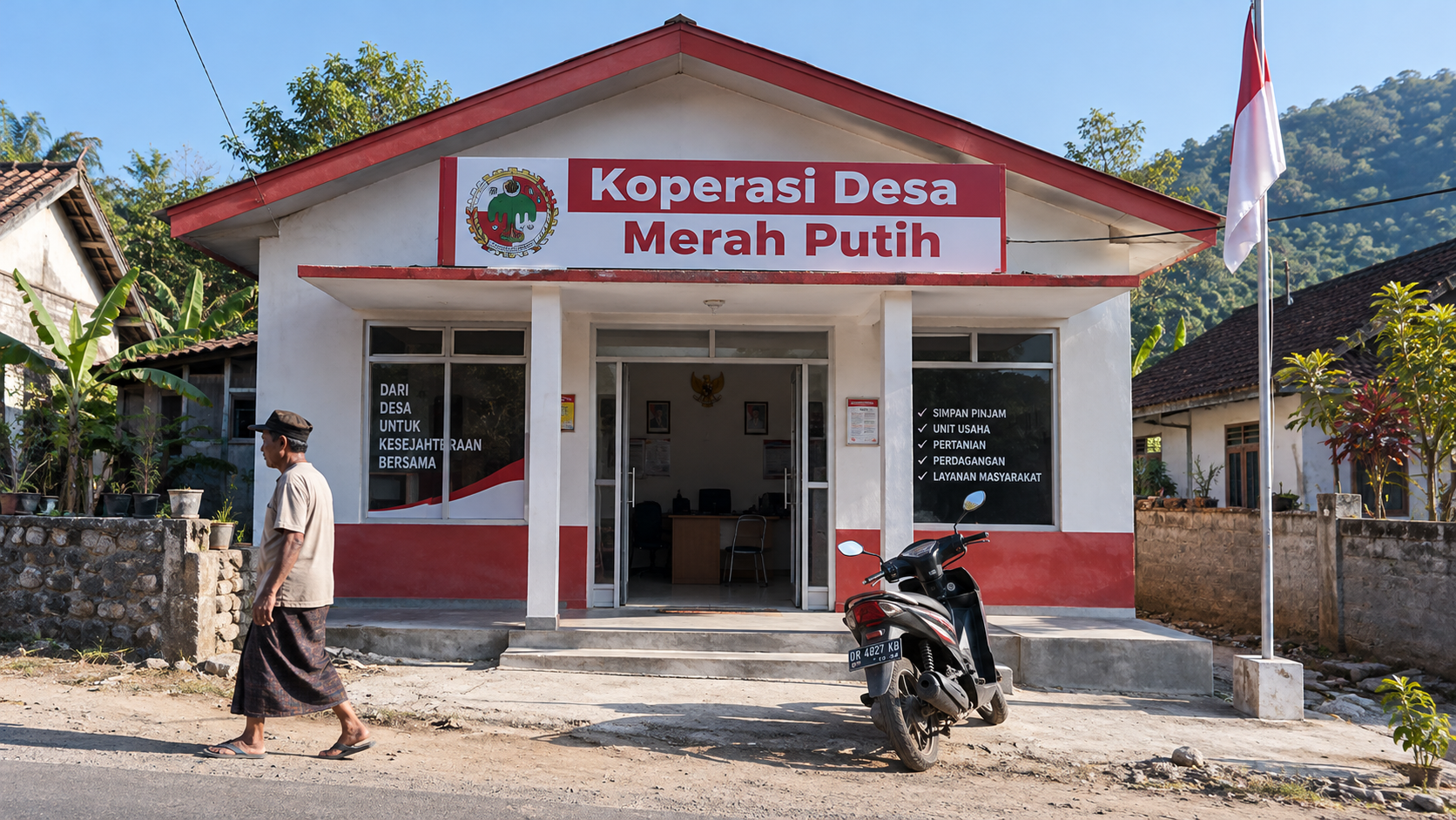 Fasad bangunan Koperasi Desa Merah Putih yang baru beroperasi di sebuah wilayah pedesaan, menunjukkan infrastruktur awal kelembagaan.