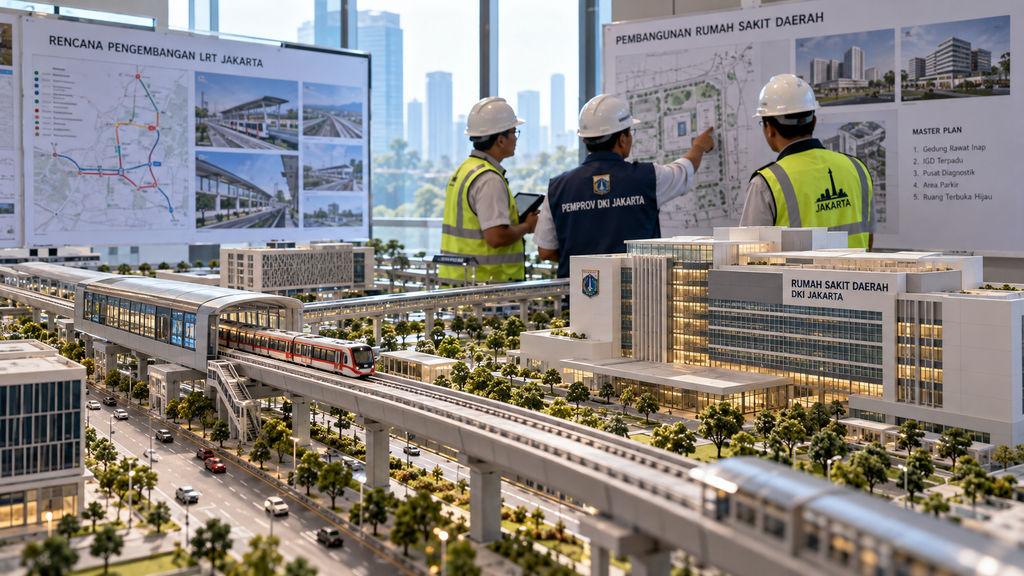 Rencana Besar Pemprov Jakarta di Balik Dana Cadangan 2026 8 Papan maket rencana proyek infrastruktur strategis DKI Jakarta untuk perpanjangan rute LRT dan fasilitas RS Sumber Waras.