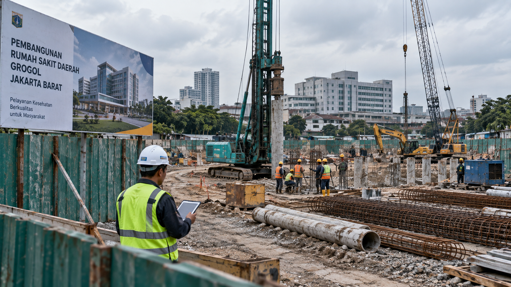 Rencana Besar Pemprov Jakarta di Balik Dana Cadangan 2026 10 Pemandangan area lahan dan tiang pancang proyek kelanjutan pembangunan Rumah Sakit Sumber Waras di Grogol Jakarta Barat.