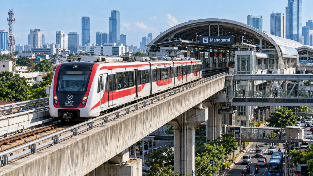 Rencana Besar Pemprov Jakarta di Balik Dana Cadangan 2026 9 Rangkaian kereta LRT Jakarta melintas di jalur layang Stasiun Manggarai dalam fase operasional komersial.
